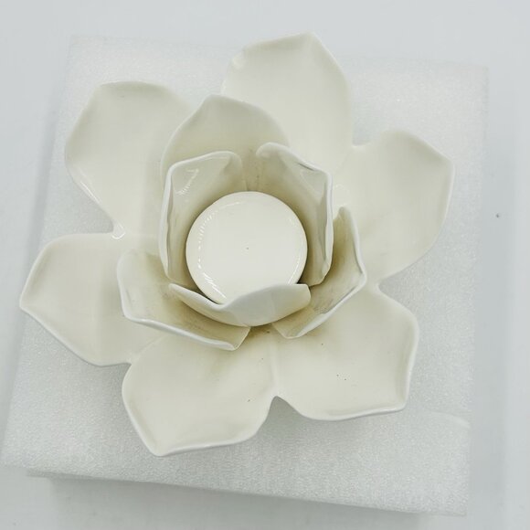 Two's Company Ceramic Tea Light Candle Holder Lotus Flower White 3"H x 6"W - Picture 1 of 8